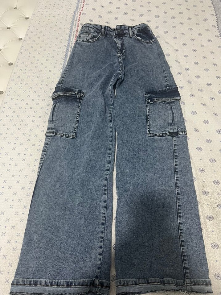 Gri Bol Kesim Midi Kot Pantolon - Görsel 2