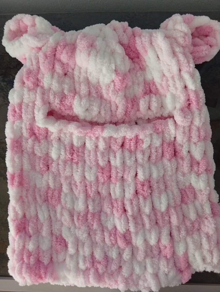 Pembe ve Beyaz Bağlama Desenli Örgü Balaklava - Görsel 2