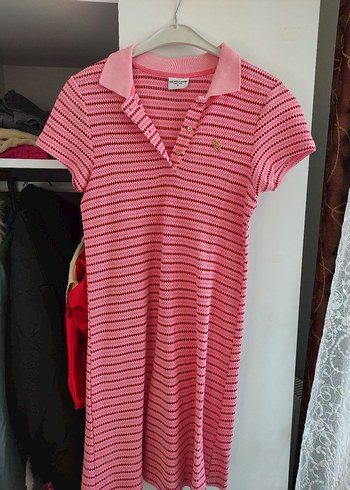 s Beden pembe Renk Pembe Çizgili Polo Yaka Midi Elbise
