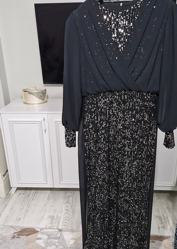 Siyah Uzun Kollu Drapeli Abiye Elbise - Görsel 2