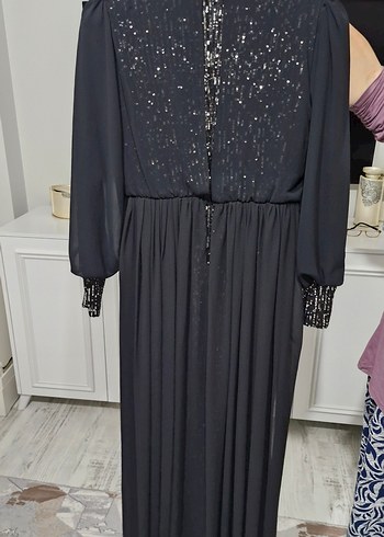 Siyah Uzun Kollu Drapeli Abiye Elbise - Görsel 3