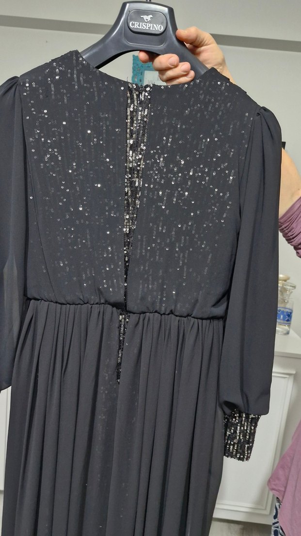 Siyah Uzun Kollu Drapeli Abiye Elbise - Görsel 5