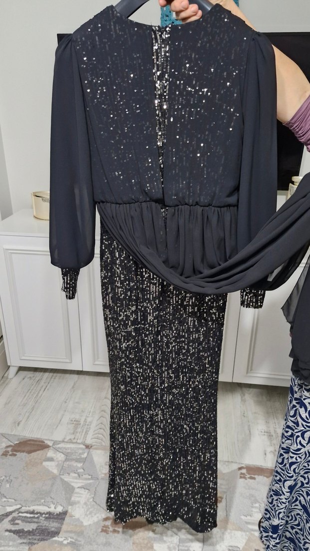 Siyah Uzun Kollu Drapeli Abiye Elbise - Görsel 4