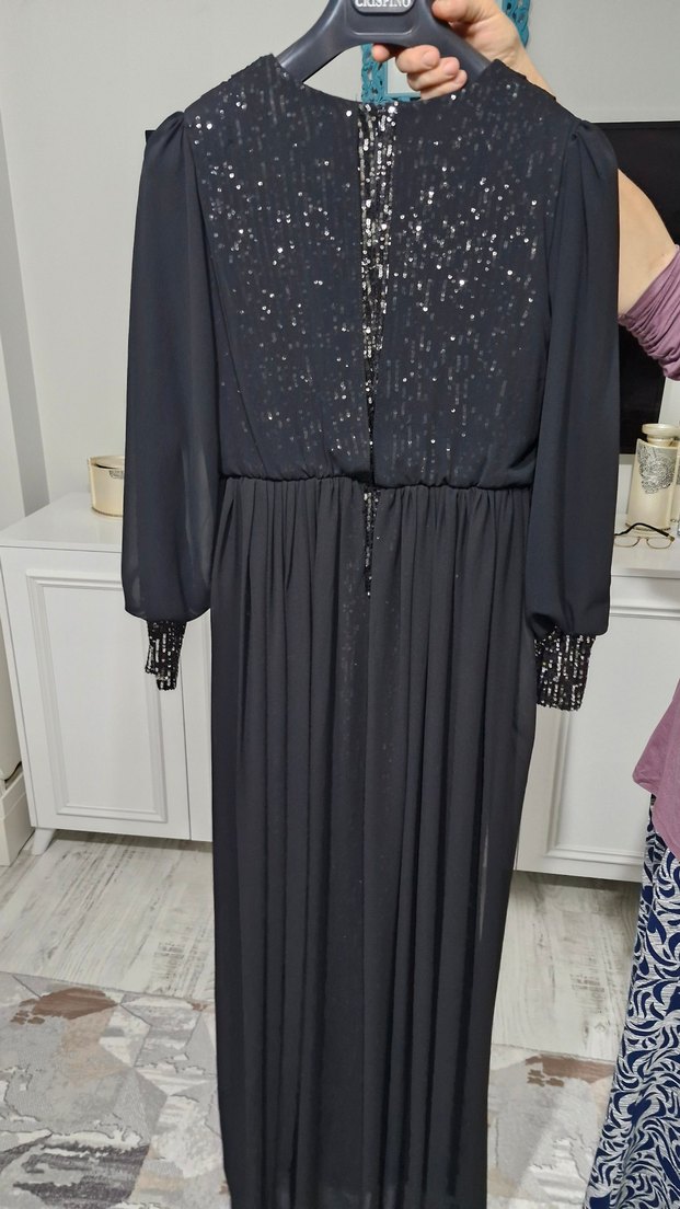 Siyah Uzun Kollu Drapeli Abiye Elbise - Görsel 3