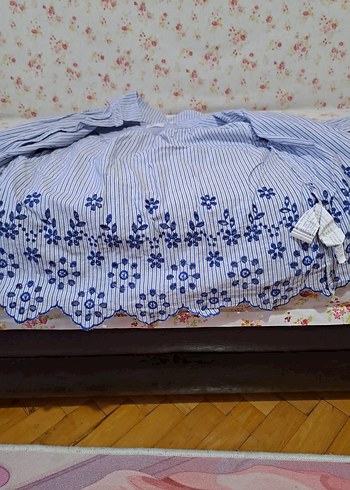 Nakışlı Mavi Pamuklu Uzun Kollu Gömlek - Görsel 3