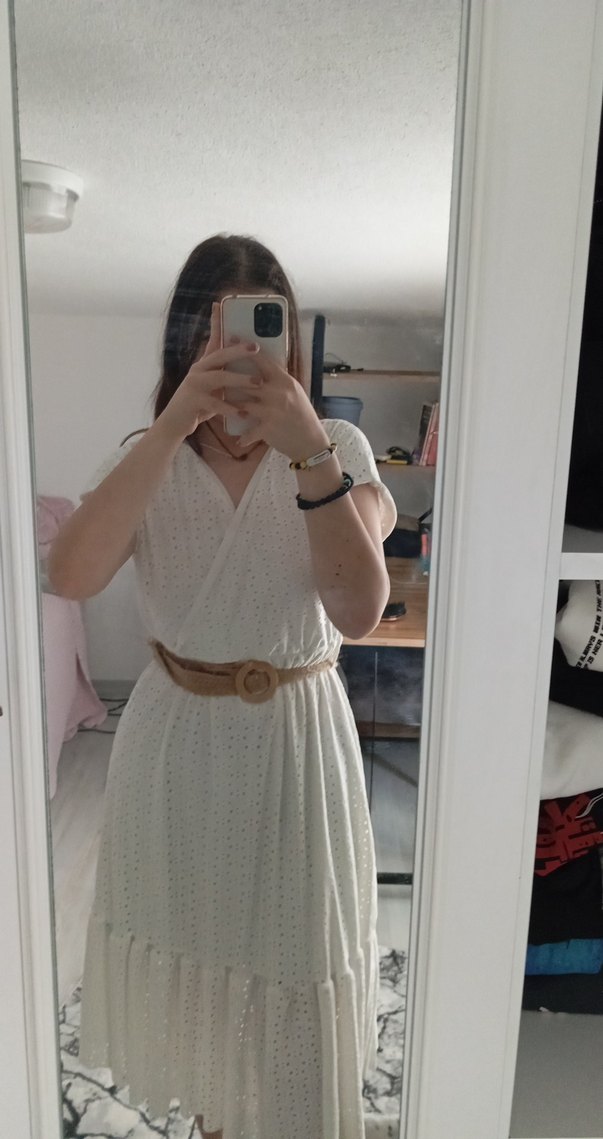 Beyaz V Yaka Kemerli Bohem Midi Elbise - Görsel 2