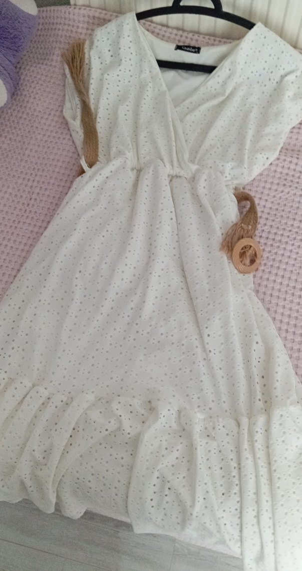 Beyaz V Yaka Kemerli Bohem Midi Elbise - Görsel 3