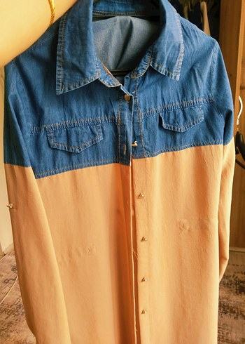 Düğmeli Denim Bej Kadın Gömlek