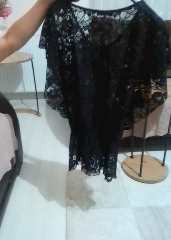 Siyah Dantel Kısa Kollu Mini Bluz - Görsel 3
