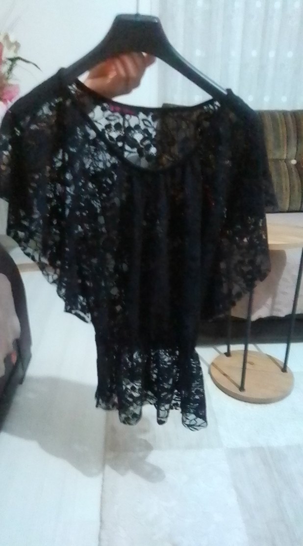 Siyah Dantel Kısa Kollu Mini Bluz - Görsel 2