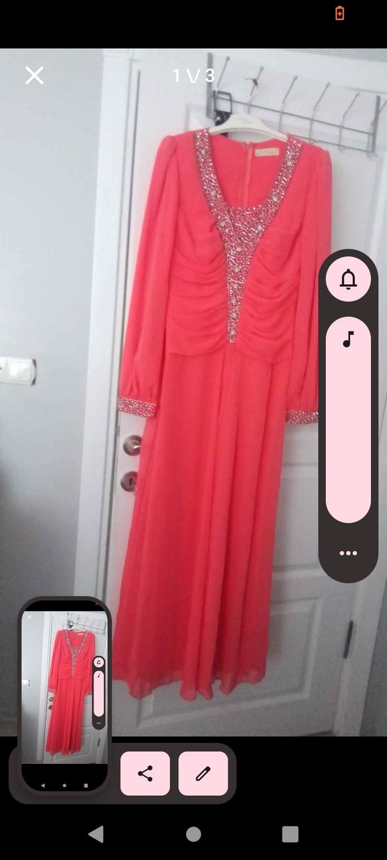 Pembe Parlak Uzun Kollu Drapeli Abiye Elbise - Görsel 2