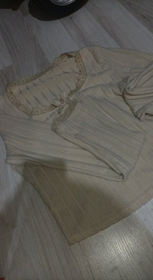 Bej Kadın Keten Triko Bluz işlemeli - Görsel 2