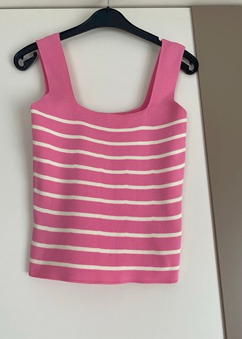 Pembe Çizgili Kısa Örme Kadın Atlet - Görsel 2