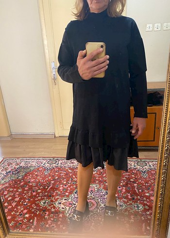 Siyah Uzun Kollu Midi Elbise Volanlı - Görsel 4