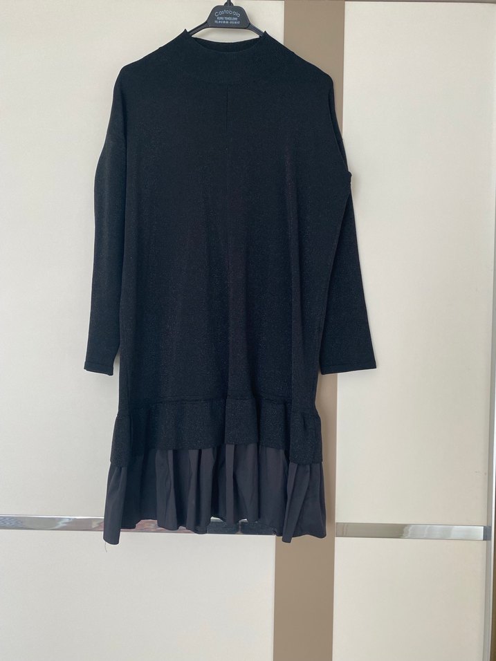 Siyah Uzun Kollu Midi Elbise Volanlı - Görsel 2