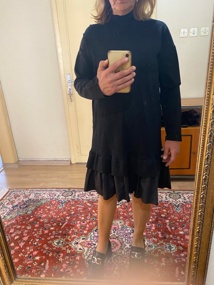 Siyah Uzun Kollu Midi Elbise Volanlı - Görsel 4