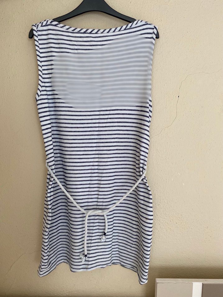 Çizgili Keten Midi Elbise - Görsel 2