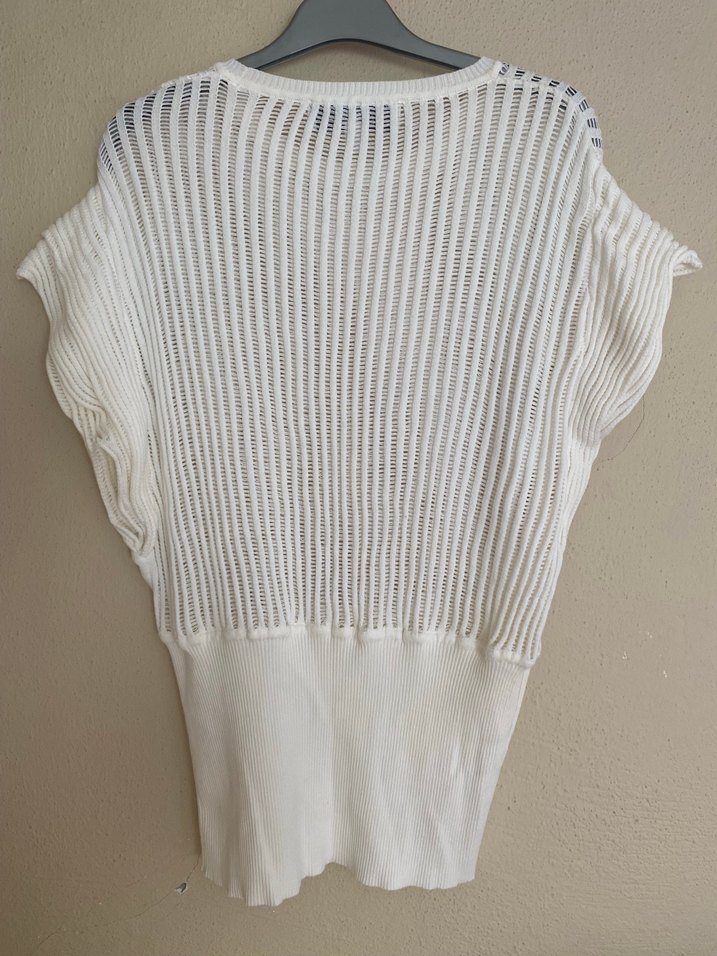 Beyaz Keten Pliseli Kısa Kollu Kadın Kazak - Görsel 2