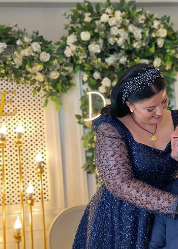 46 Beden Boncuk İşlemeli Lacivert Uzun Kollu Abiye Elbise