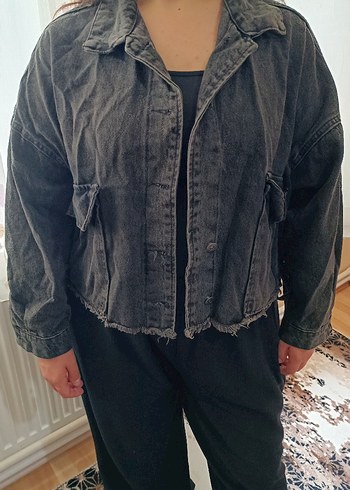 Gri Düğmeli Kadın Denim Ceket