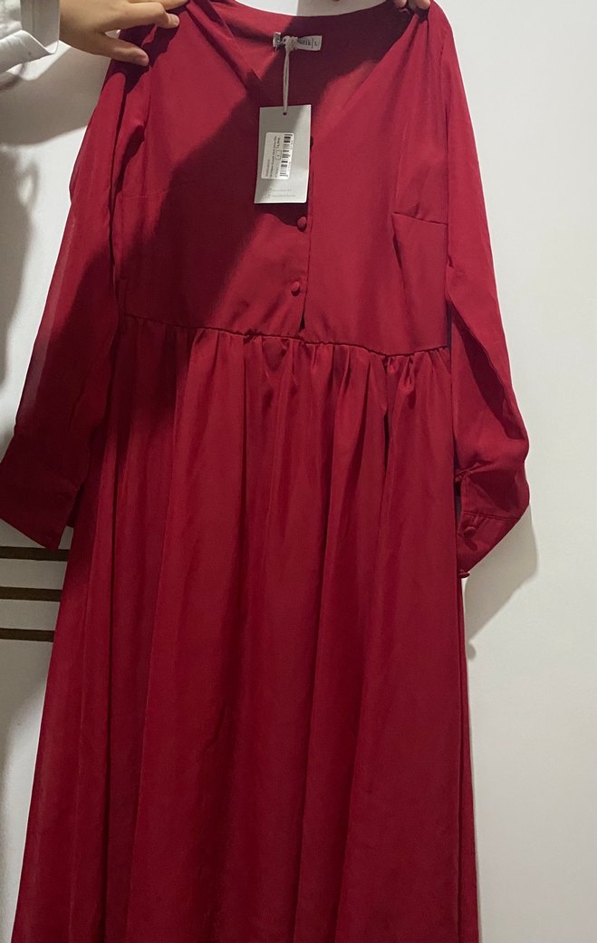 Bordo V Yaka Uzun Kol Düğmeli Elbise - Görsel 2