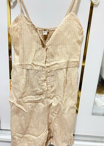 Bej Keten Mini Kadın Tulum - Görsel 3