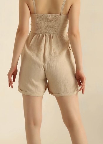 Bej Keten Mini Kadın Tulum - Görsel 2