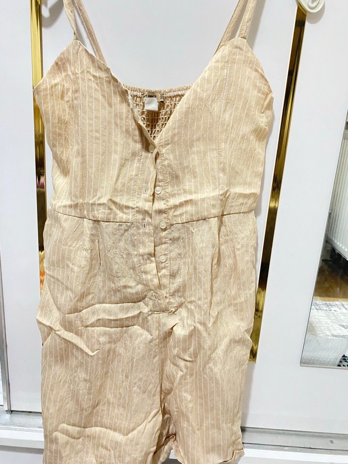 Bej Keten Mini Kadın Tulum - Görsel 3