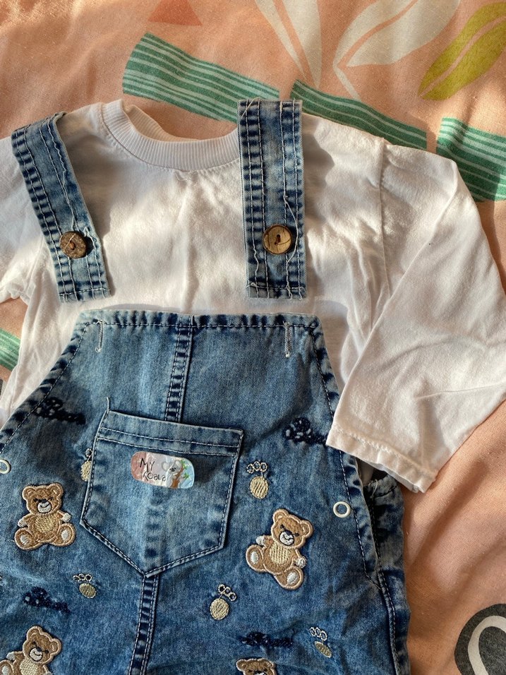 Nakışlı Mavi Kot Erkek Çocuk Salopet - Görsel 2