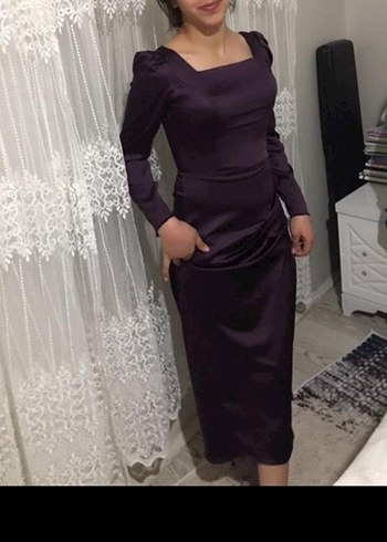 Koyu Mor Uzun Drapeli Kadın Elbise