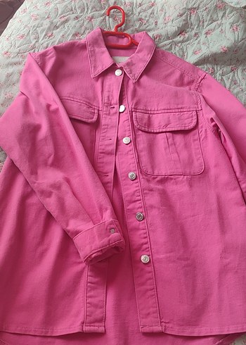 Pembe Düğmeli Rahat Kesim Kadın kot ceket