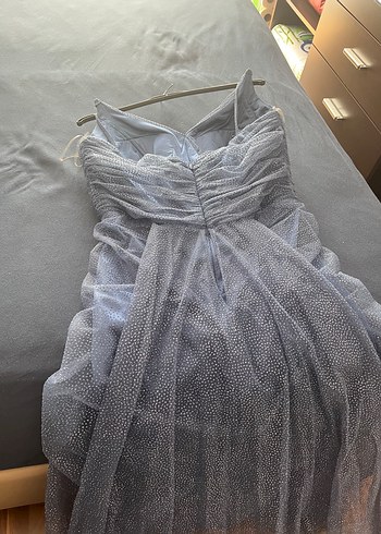 İnce Taş Detaylı Astarlı Yırtmaçlı İndigo Renkli Abiye - Görsel 4