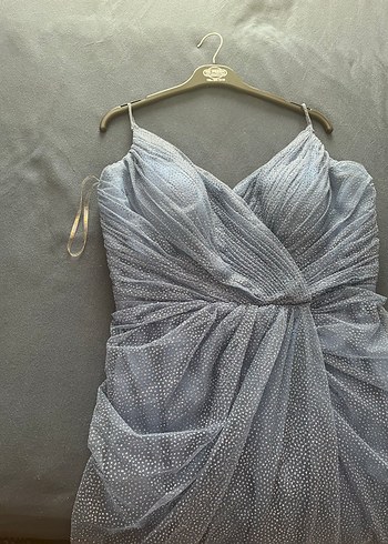 İnce Taş Detaylı Astarlı Yırtmaçlı İndigo Renkli Abiye - Görsel 3