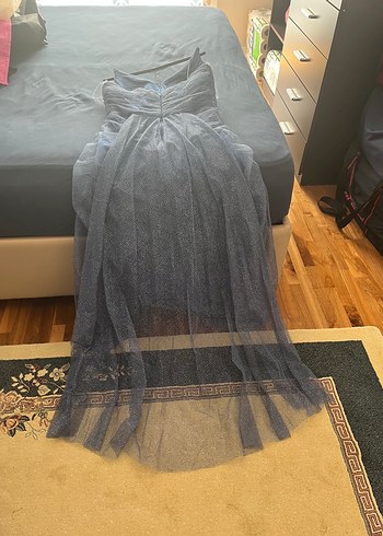 İnce Taş Detaylı Astarlı Yırtmaçlı İndigo Renkli Abiye - Görsel 5