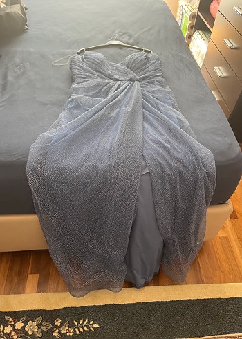 İnce Taş Detaylı Astarlı Yırtmaçlı İndigo Renkli Abiye - Görsel 6