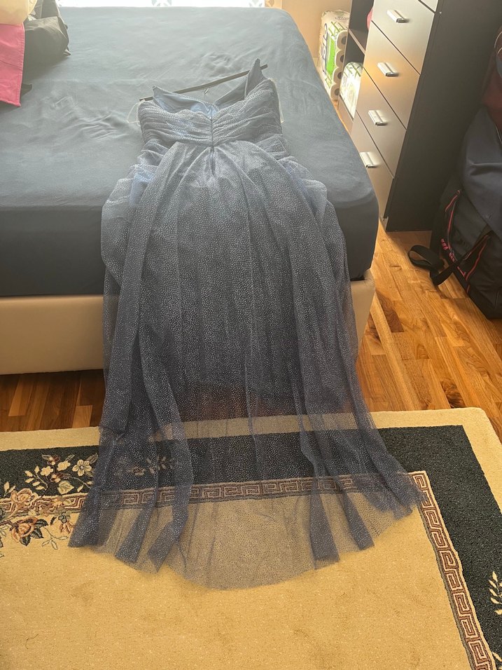 İnce Taş Detaylı Astarlı Yırtmaçlı İndigo Renkli Abiye - Görsel 5