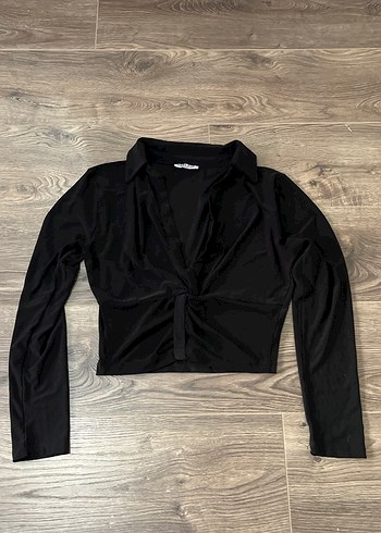 Siyah V Yaka Uzun Kollu Mini Bluz