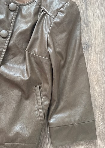 Düğmeli Kısa Kahverengi Deri Ceket - Görsel 4