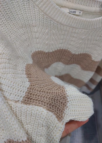 Bej Çizgili Örgü Kadın Kazak - Görsel 4