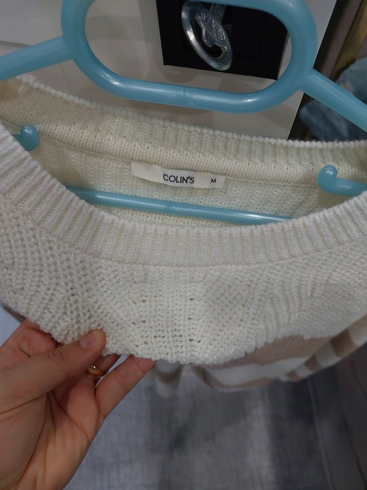 Bej Çizgili Örgü Kadın Kazak - Görsel 3