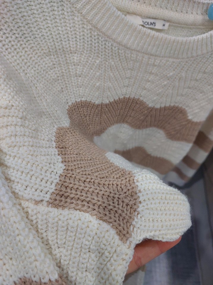 Bej Çizgili Örgü Kadın Kazak - Görsel 4