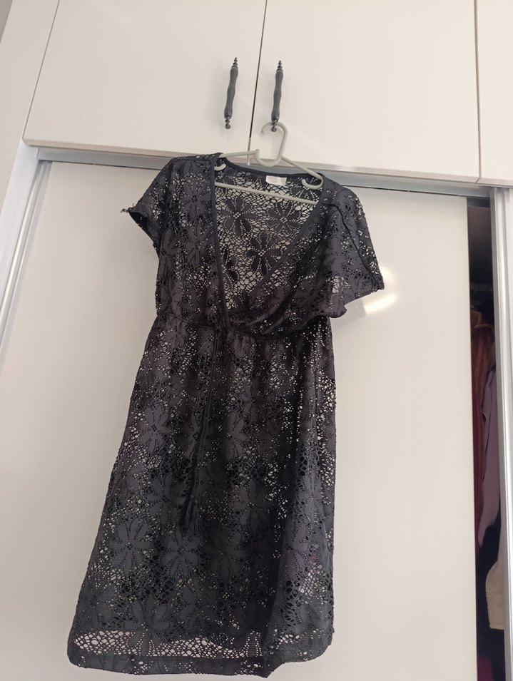 Dantel İşlemeli Siyah Midi pareo plaj elbisesi bikini mayo üstü - Görsel 2