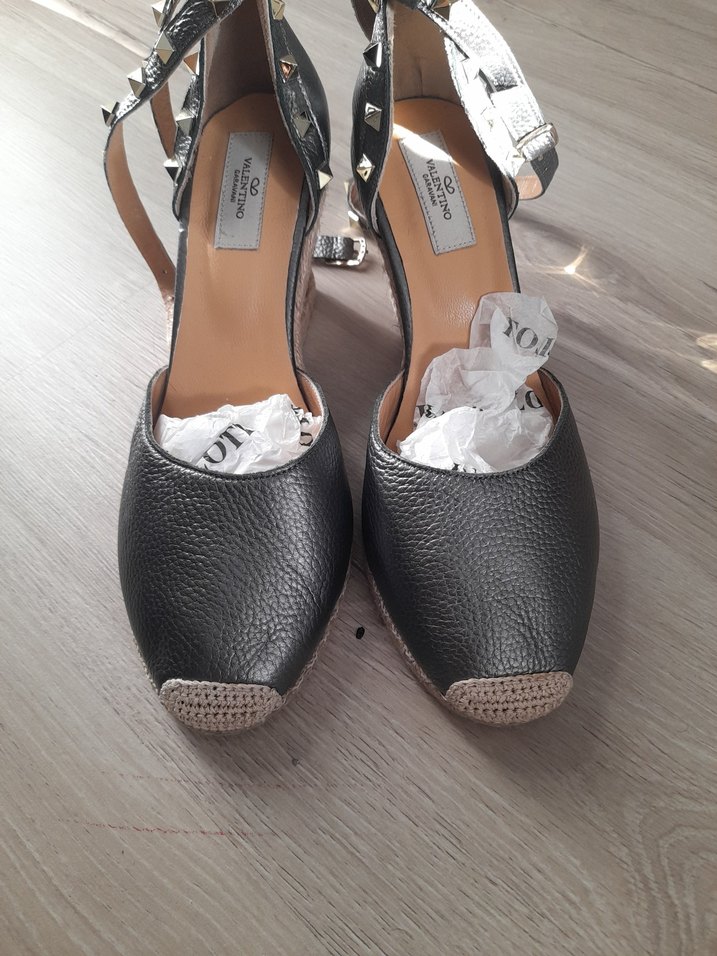 Valentino Siyah Deri Kemerli Dolgu Topuklu Espadril - Görsel 3