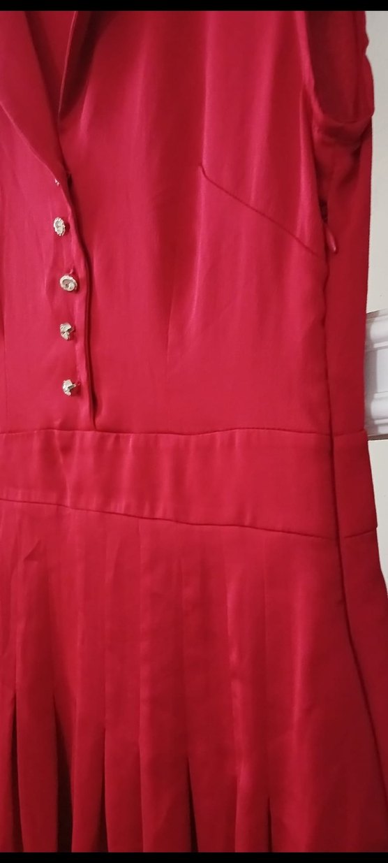 Kırmızı Düğmeli Midi Vintage Elbise - Görsel 5