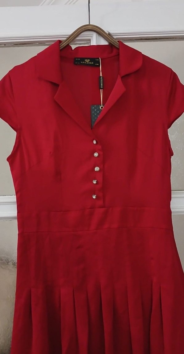 Kırmızı Düğmeli Midi Vintage Elbise - Görsel 2