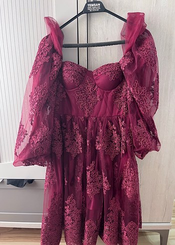 Bordo Dantel İşlemeli Midi Bohem Abiye Elbise özel dikim