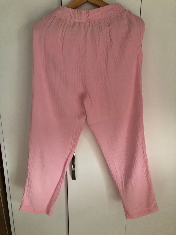 Pembe Pilili Keten Kadın Pantolon - Görsel 2