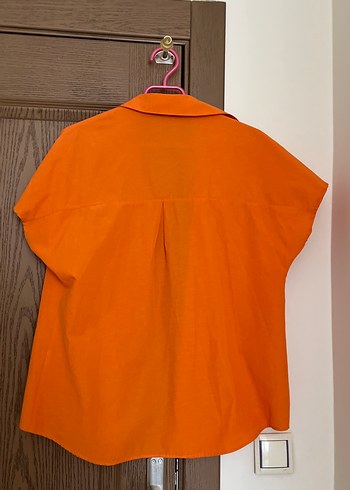 Turuncu Kısa Kollu Keten Gömlek - Görsel 2