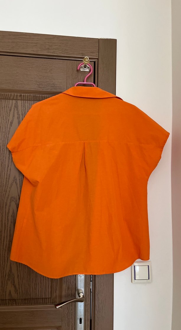 Turuncu Kısa Kollu Keten Gömlek - Görsel 2