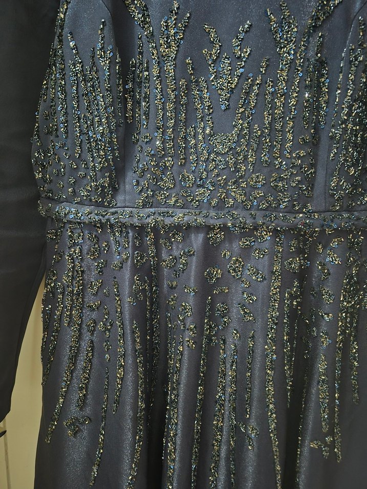 Boncuk İşlemeli Lacivert Uzun Abiye Elbise - Görsel 2